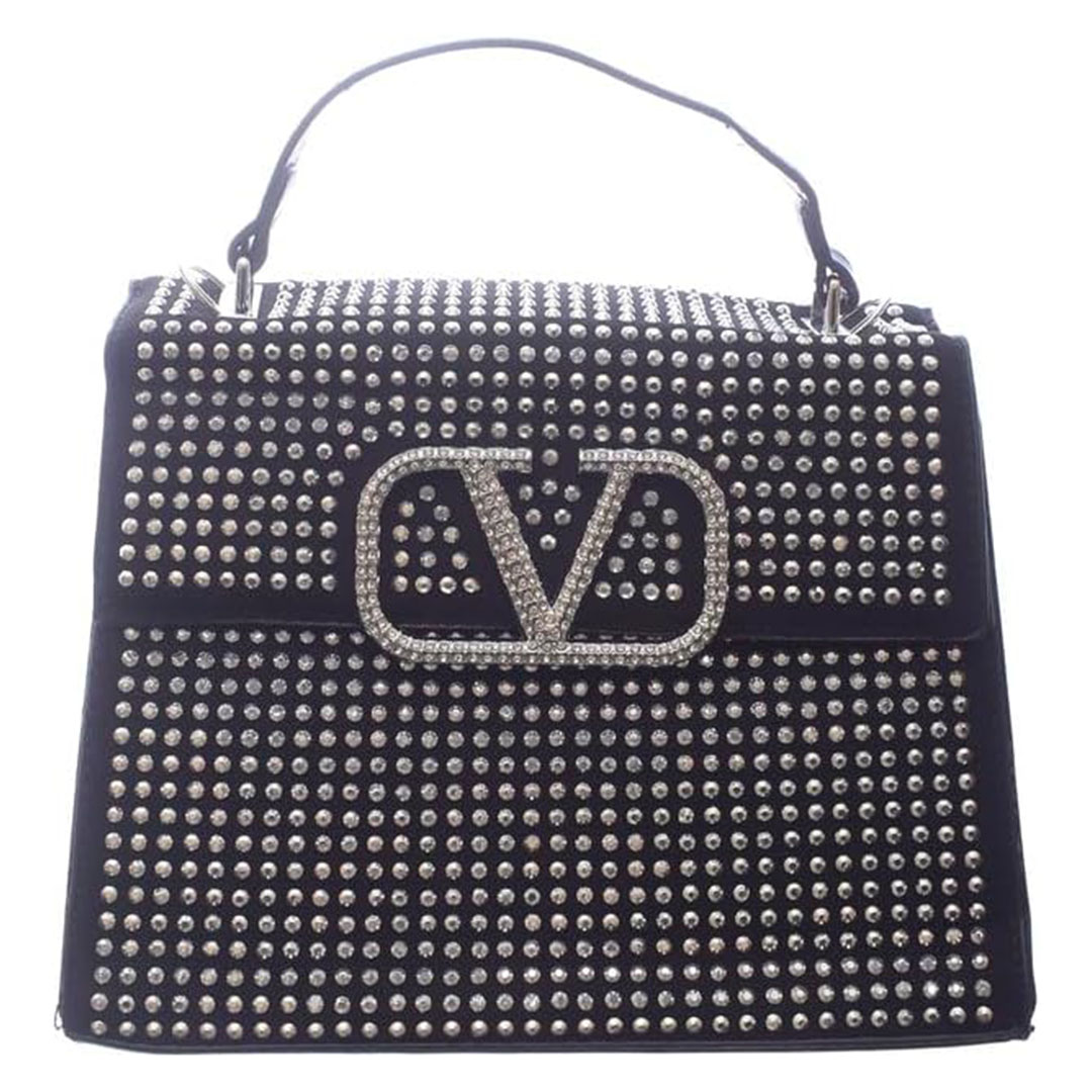 شنطة كروس جلد شمواه للنساء ستراس - أسود/فضي - 01679-3