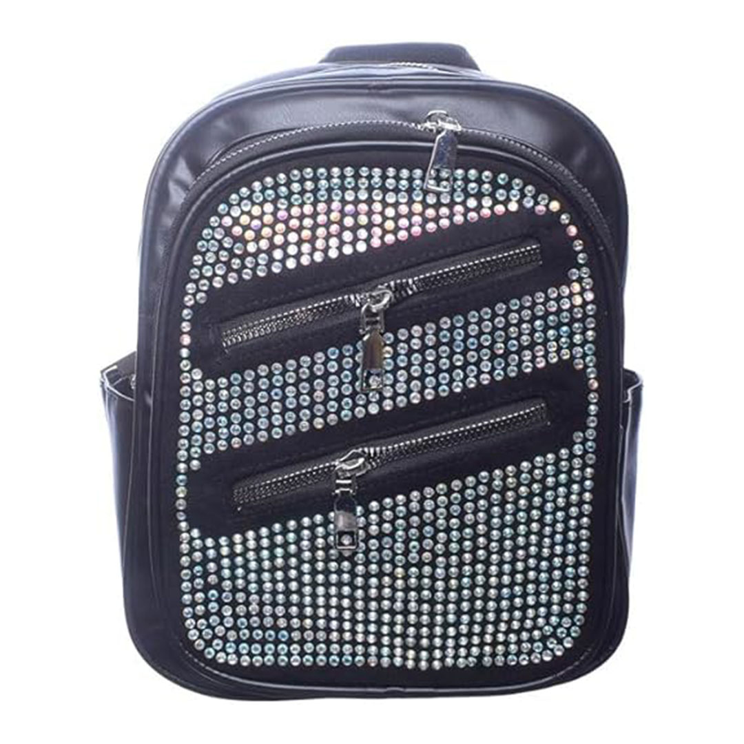 شنطة ظهر من الجلد مزينة بفصوص للنساء - أسود - 9670-2