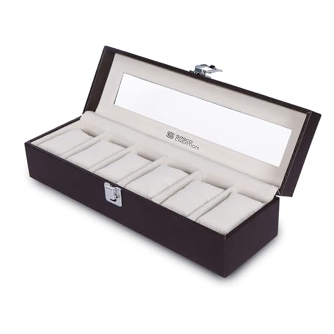 صندوق ساعات جلد 6 فتحات فاخر بغطاء شفاف