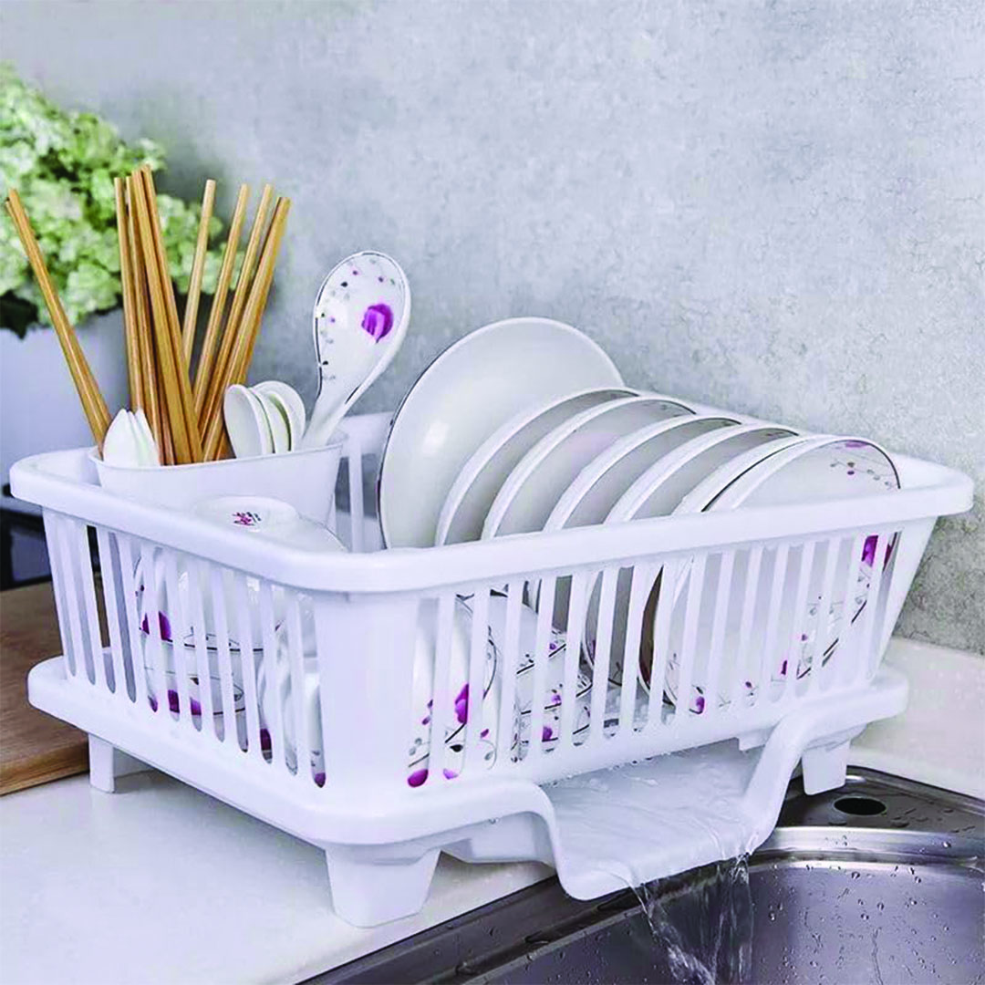 مطبقية للأطباق والأكواب والملاعق مع مخرج للمياة - أبيض