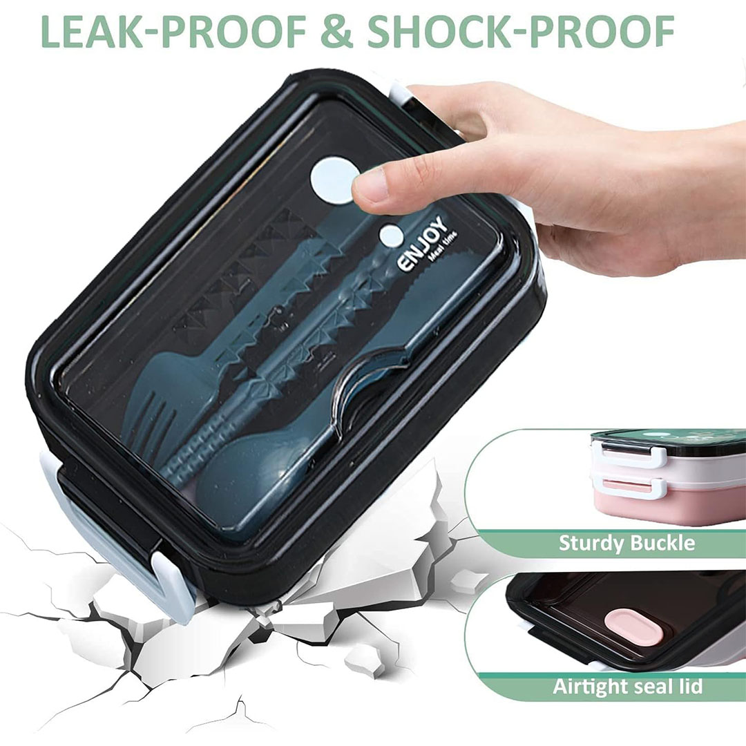 لانش بوكس مقاوم للتسرب مساحتين للتخزين ومجموعة ادوات المائدة - بينك - 21.5*11.5*11 سم