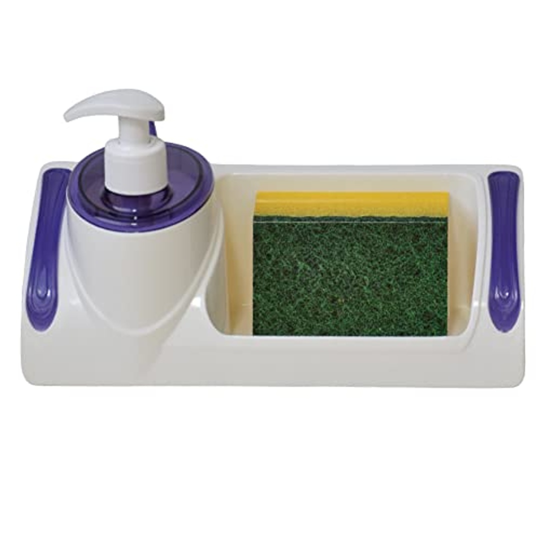 موزع صابون وحامل سفنجة بلاستك - أبيض*أزرق