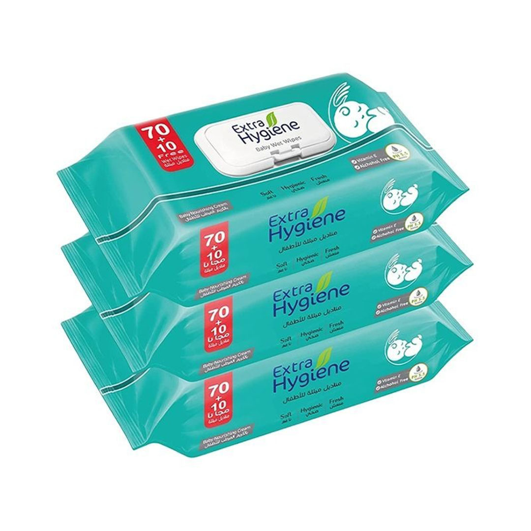 مناديل مبللة هايجين بالكريم المرطب - 70+10 منديل - 3 قطع