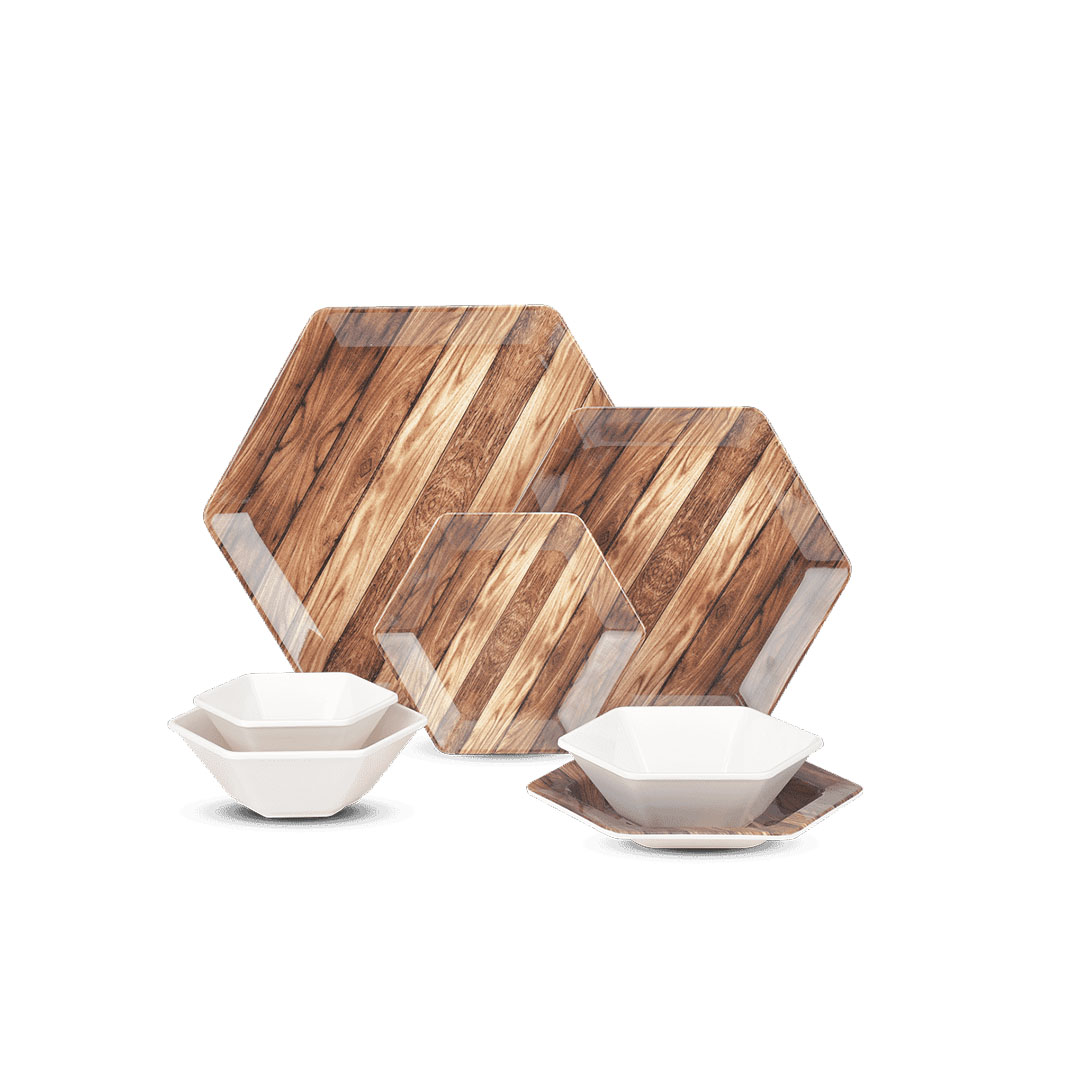 طقم عشاء ميلامين هيكسا 31 ق - خشبي بني غامق * أبيض