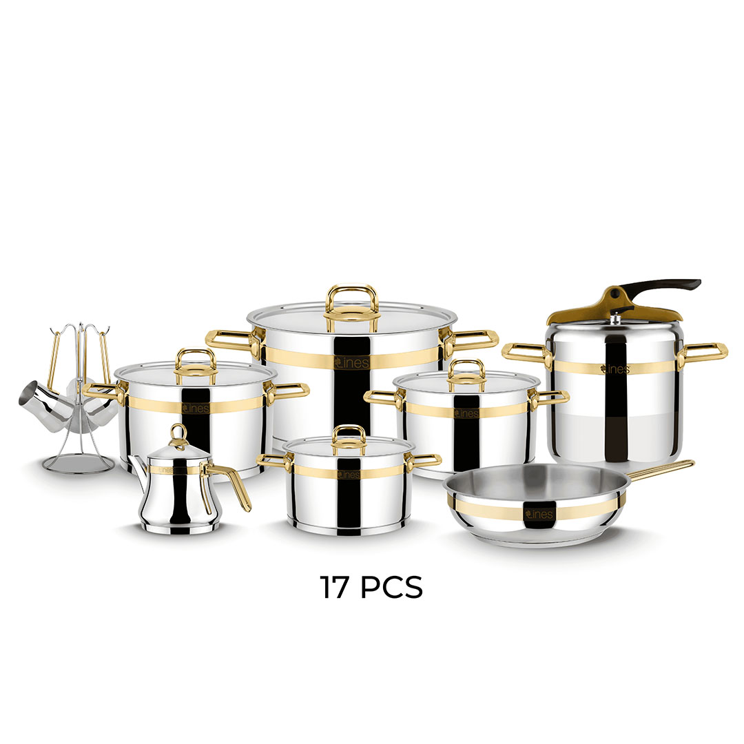 طقم حلل استانلس استيل لاينز - 17 قطعة - فضي