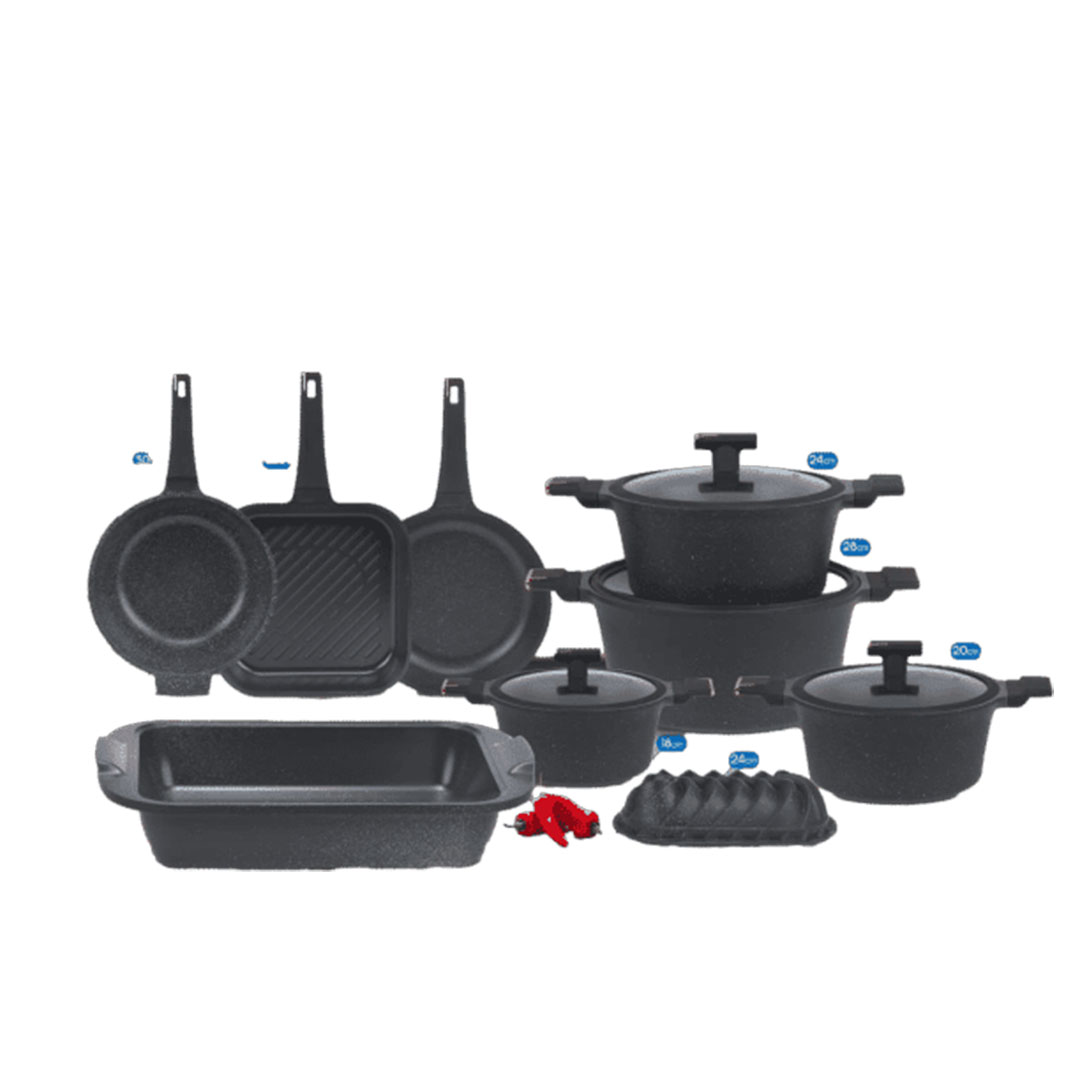 طقم حلل جرانيت فانتوم نيوكلاين مدور بغطاء زجاج - 13 ق - أسود