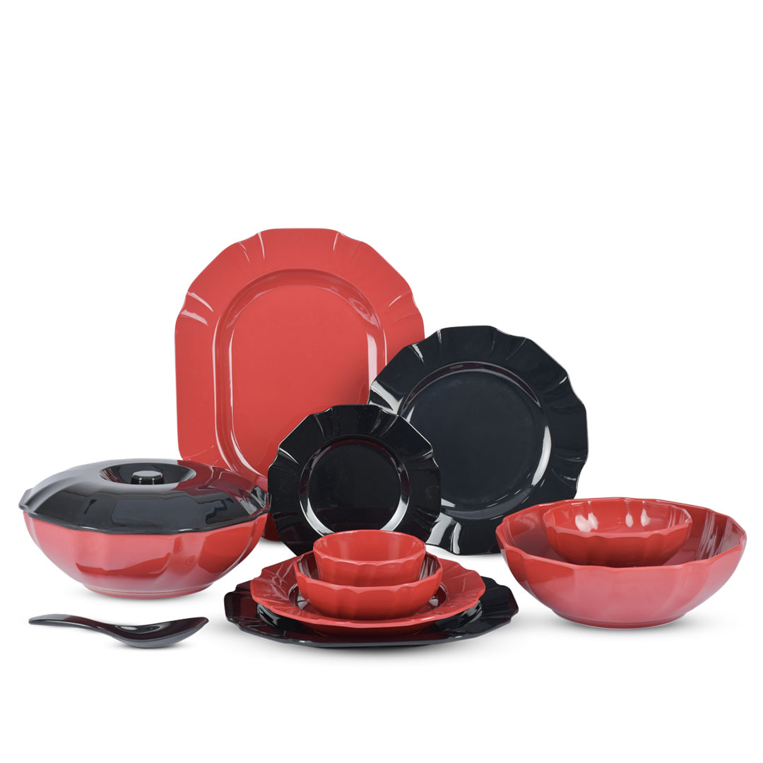 طقم ميلامين دايموند - 42 قطعة - اسود/احمر