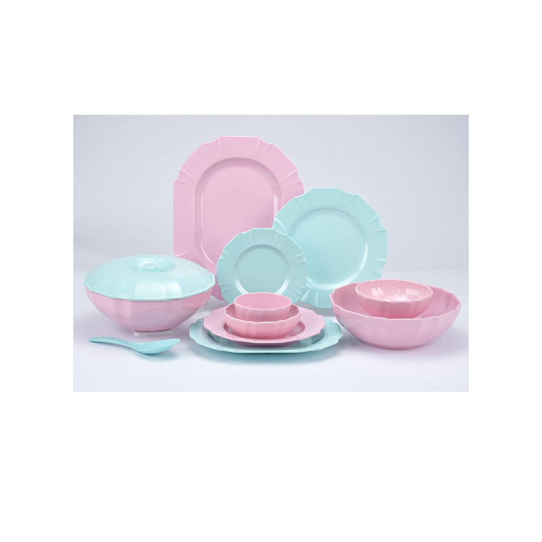 طقم ميلامين دايموند - 42 قطعة - بينك/تركواز