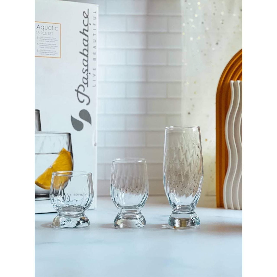 طقم كاسات باشبتشي اكواتك  - 18 قطعة - مضلع سادة 
