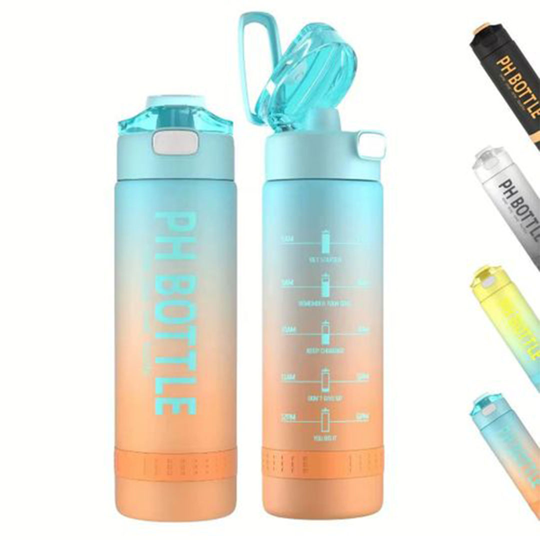 زجاجة مياه بلاستك مع مؤشرات الوقت - الوان متدرجة - 1 لتر