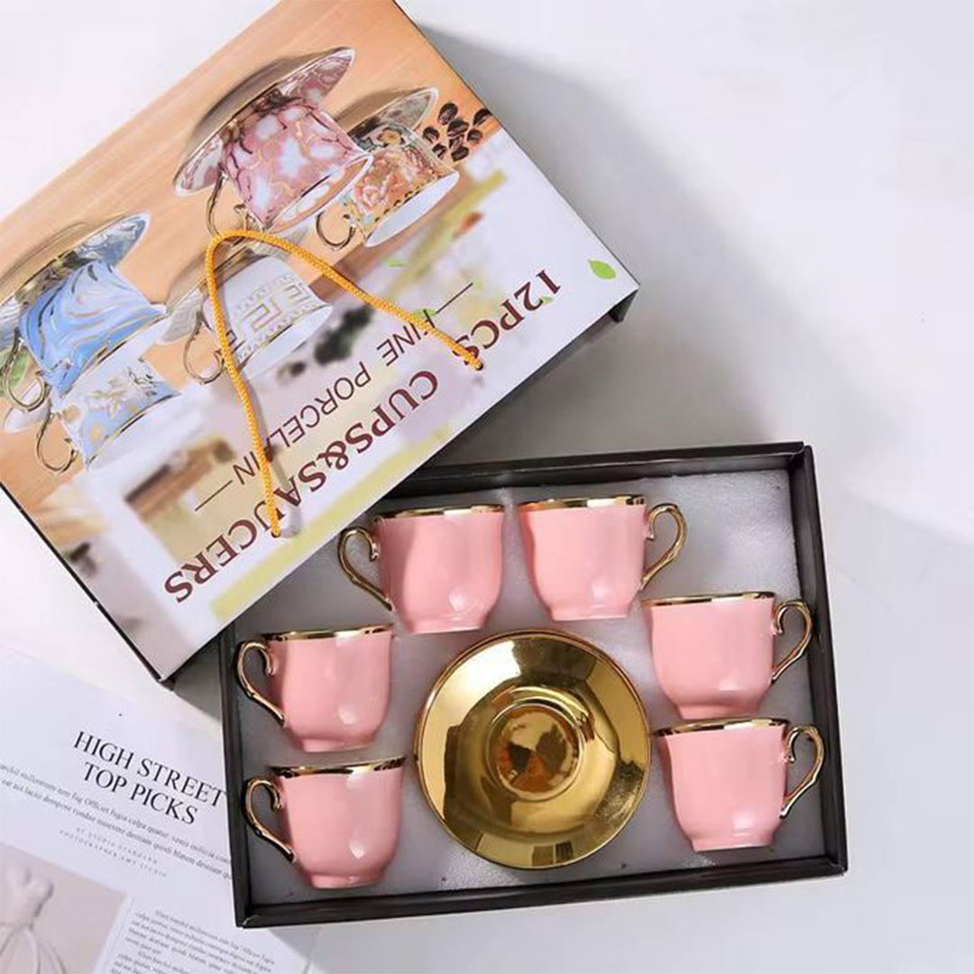 طقم فناجين قهوة بورسلين - 6 فناجين - أحمر بحواف ذهبية