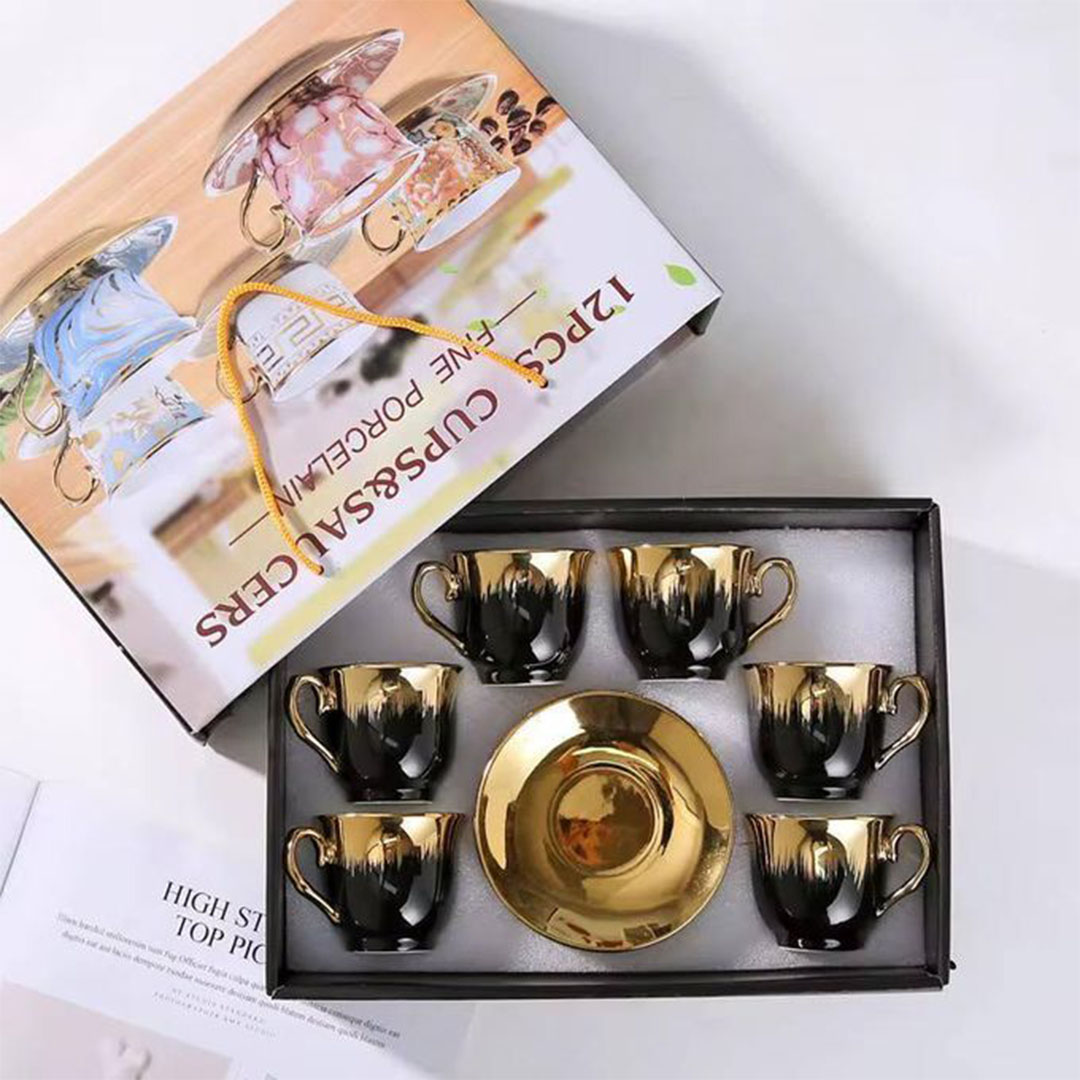 طقم فناجين قهوة بورسلين - 6 فناجين - أسود مدهب