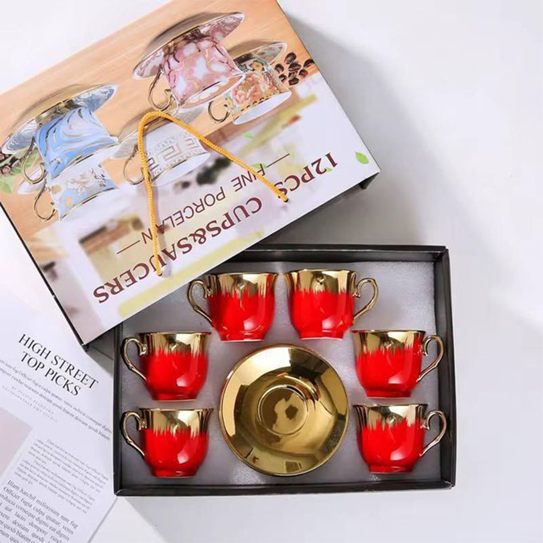 طقم فناجين قهوة بورسلين - 6 فناجين - أحمر مدهب