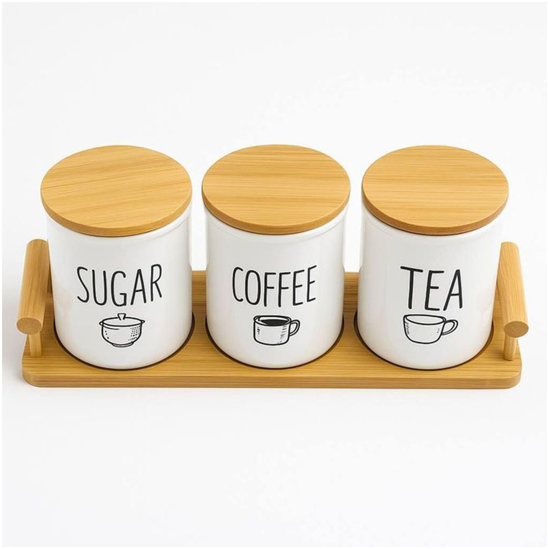 طقم علب بورسلين بستاند خشبي - 400 مللي