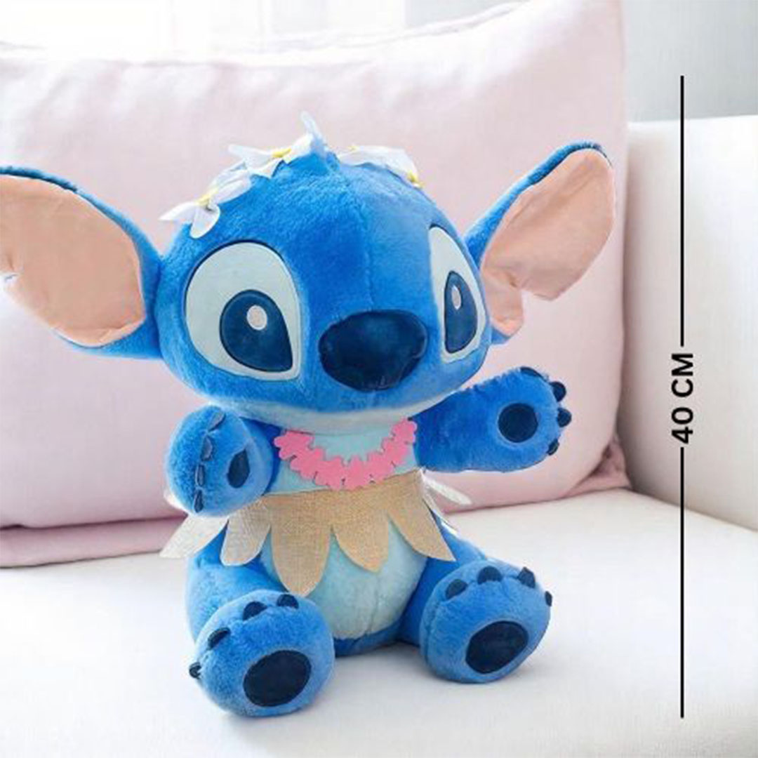 دبدوب ستيتش مع زي هاوايي تاج زهور وتنورة - أزرق - 40 سم