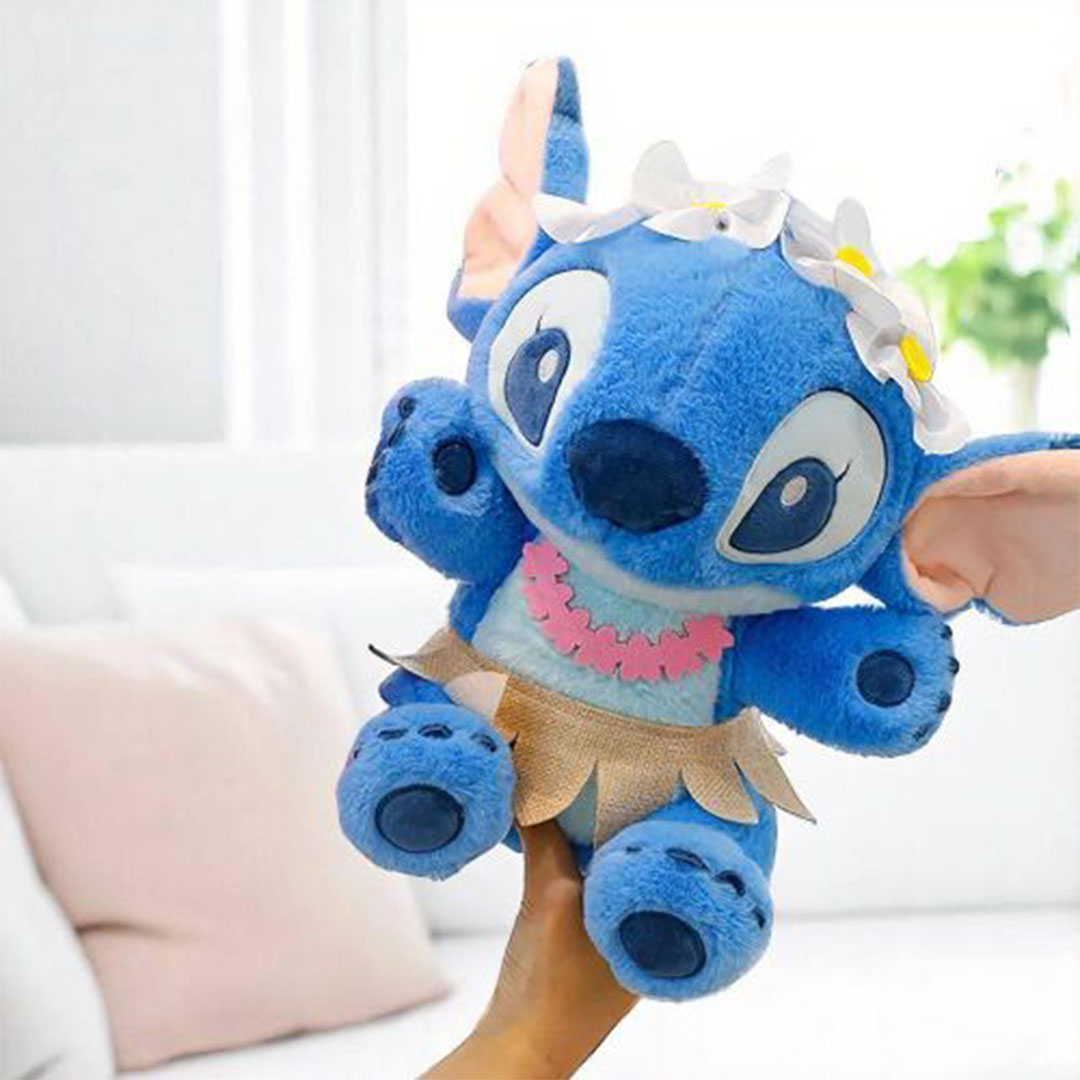 دبدوب ستيتش مع زي هاوايي تاج زهور وتنورة - أزرق - 40 سم