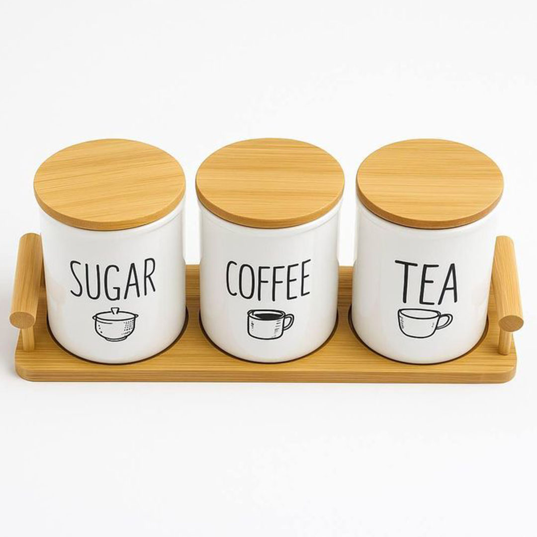 طقم علب بورسلين بستاند خشبي - 400 مللي