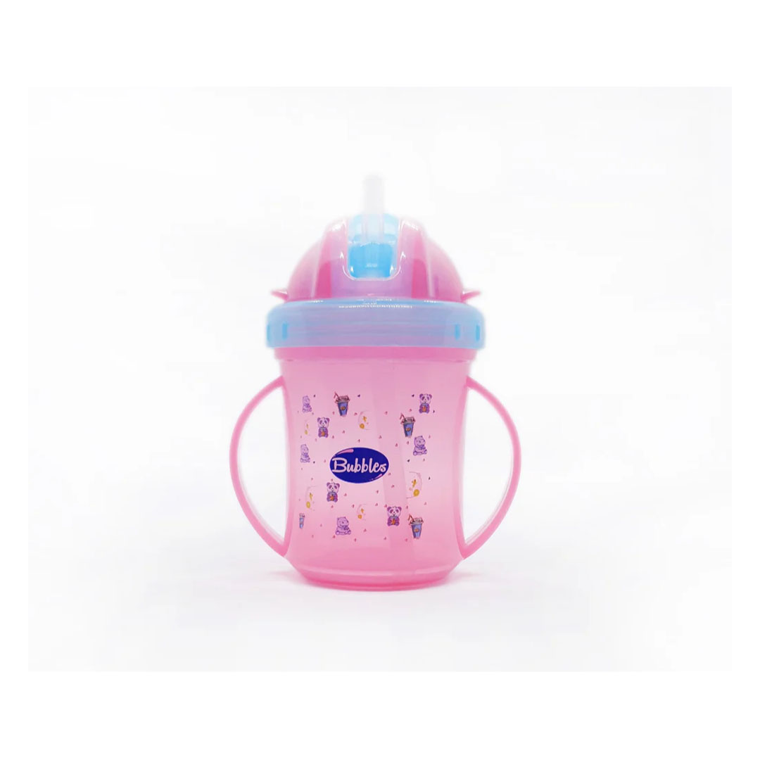 كوب بلاستيك بغطا بالشاليموه بيد بينك بابلز للأطفال من عمر سنة فما فوق - 150 مللي