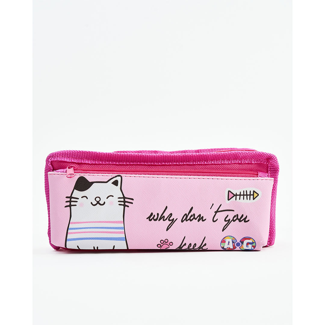 مقلمة بناتي شكل قطة + جيب أمامي - بينك - AG-427