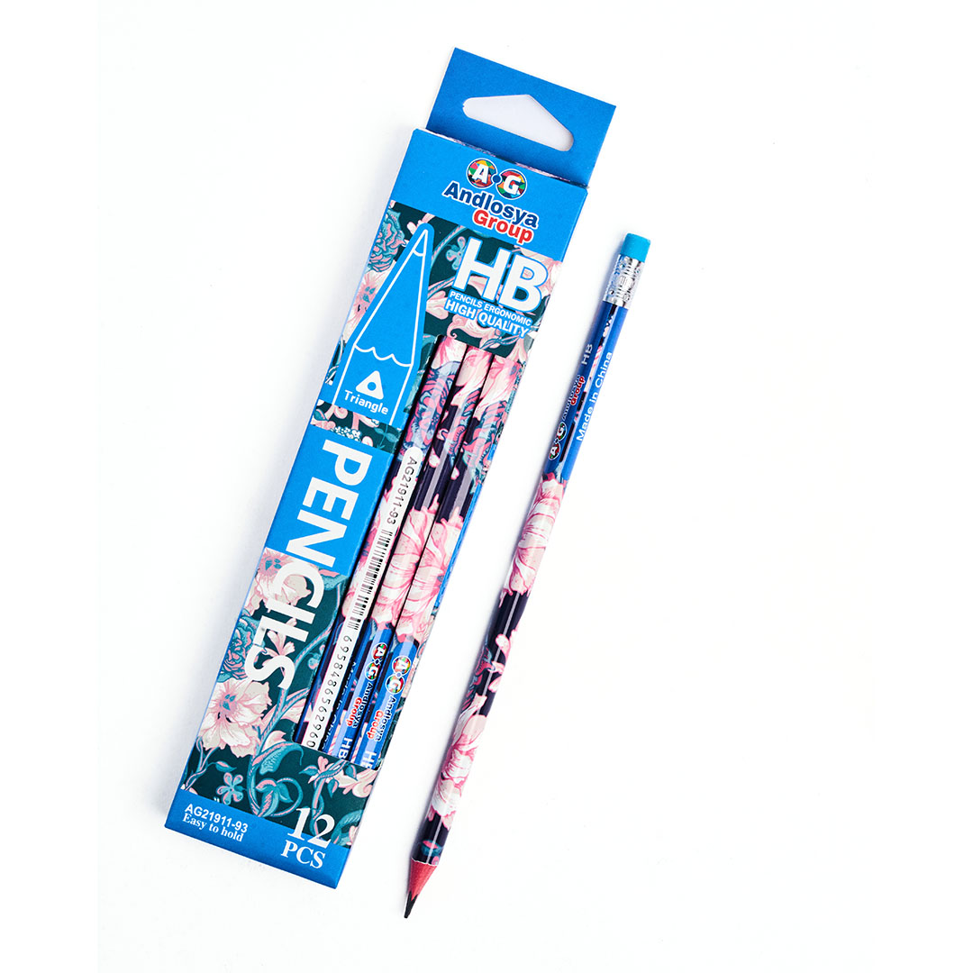 قلم رصاص خشب مستورد  شكل مثلث  - علبة 12 قلم باستيكة - أزرق