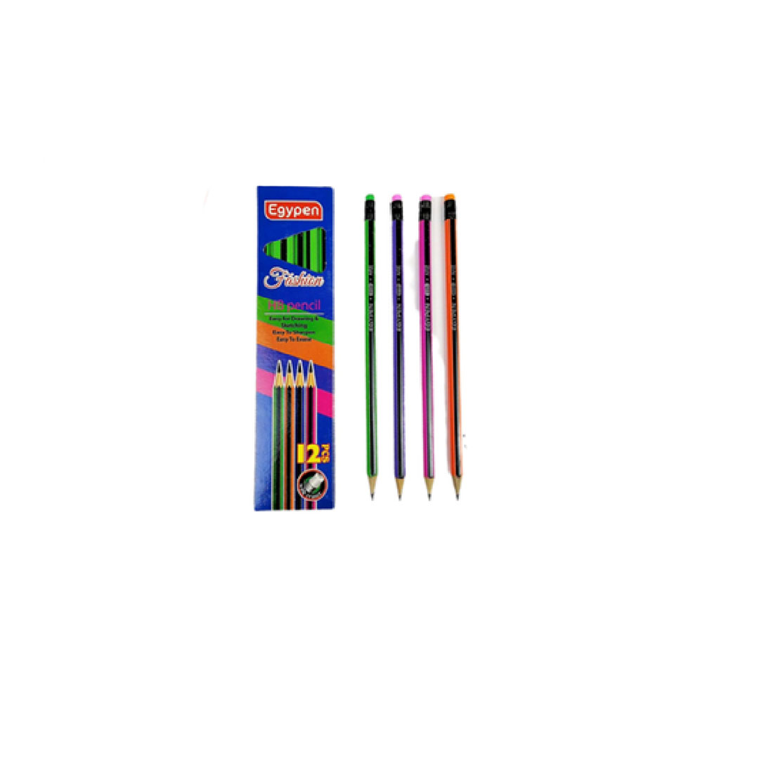 علبة قلم رصاص فاشون بأستيكة - 12 قلم - متعدد الألوان
