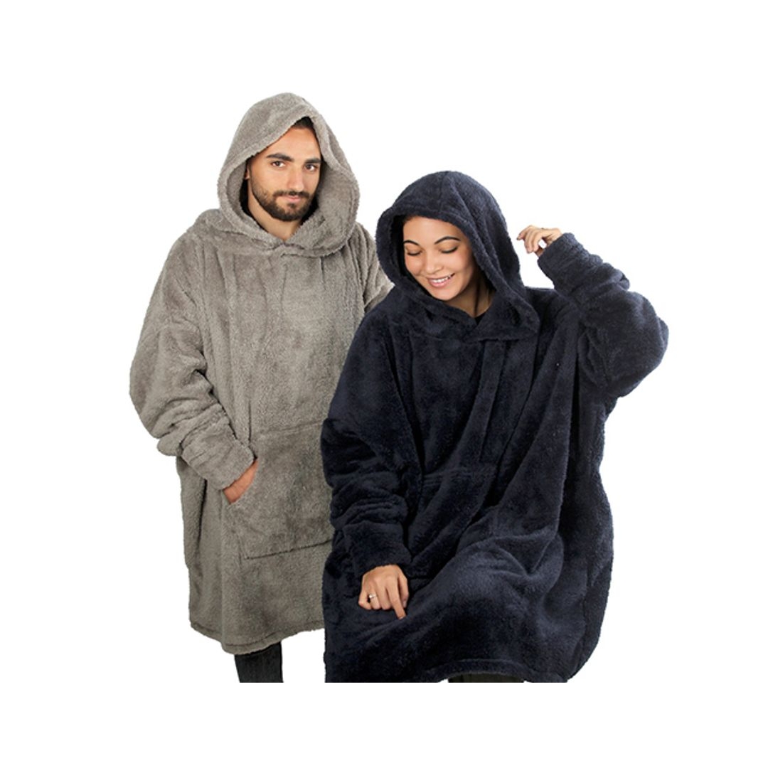 دفاية قابله للارتداء مع غطاء للرأس هي وهو - 2 قطعة - 110*100 سم - دارك بلو/ جراي