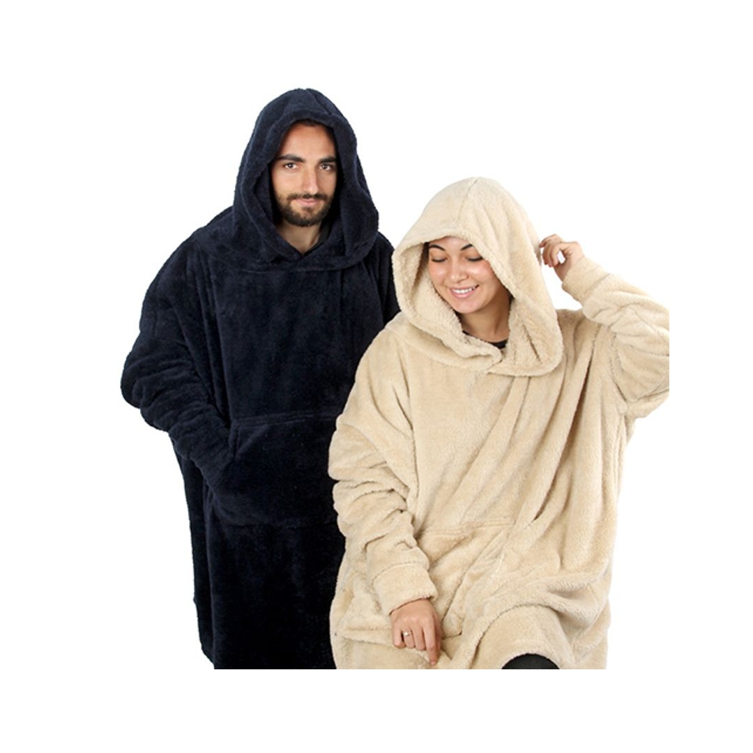 دفاية قابله للارتداء مع غطاء للرأس هي وهو - 2 قطعة - 110*100 سم - دارك بلو/ جراي