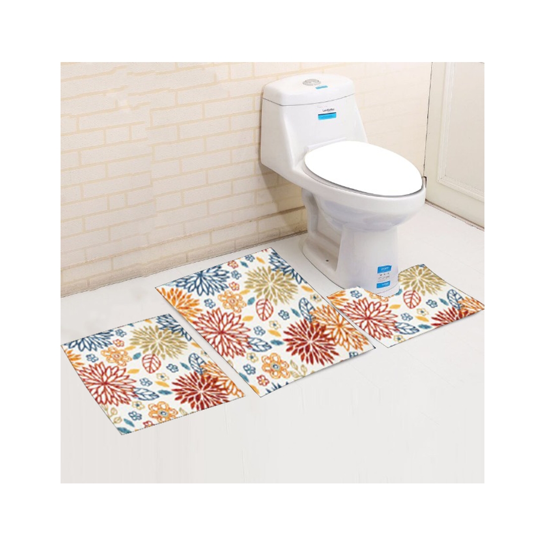 طقم دواسة حمام مانع للانزلاق قطيفه - 3 قطع - تصميم فلاورى