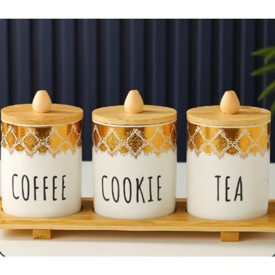 طقم شاي وسكر وقهوة سيراميك - أبيض/ذهبي - 300 مل - 3 قطع