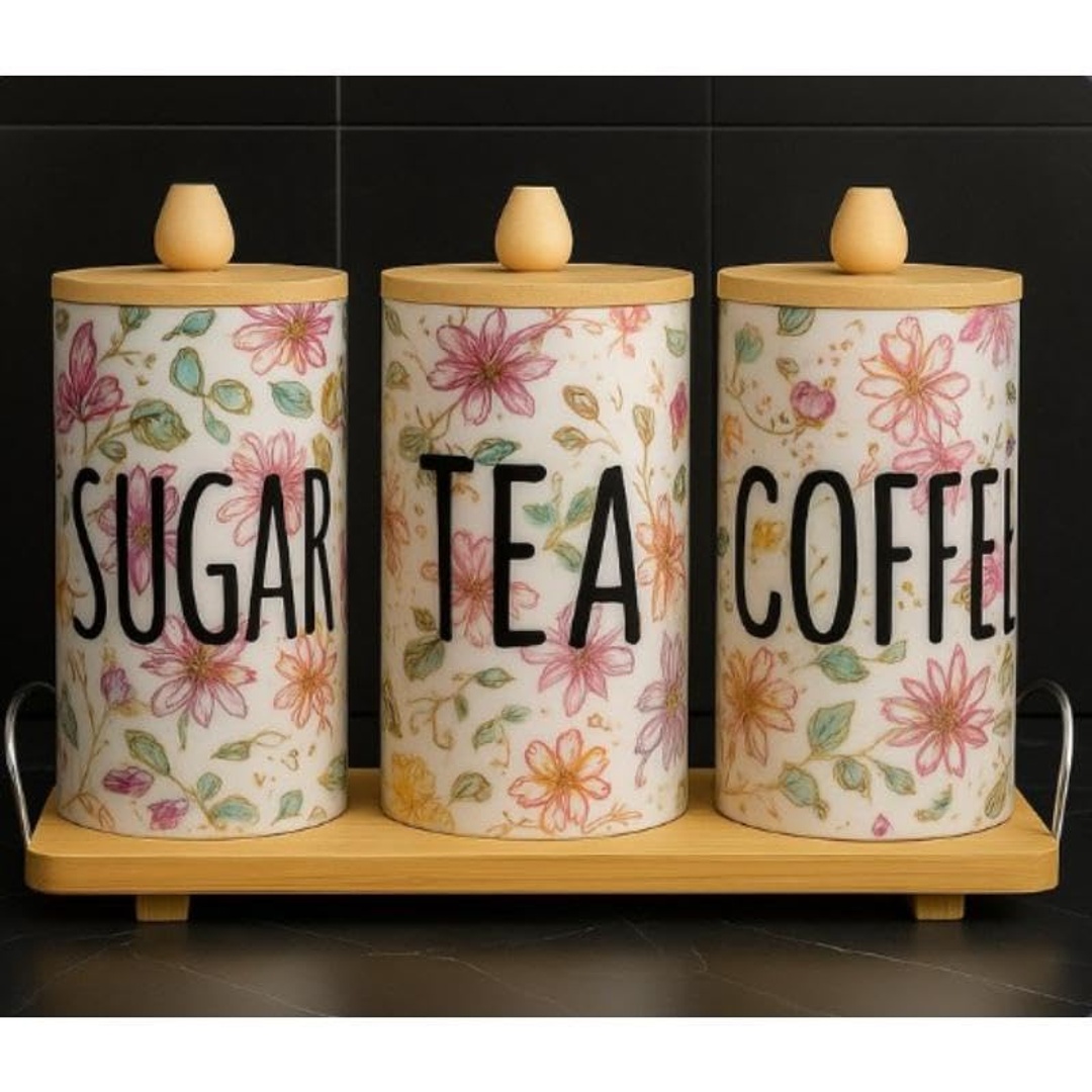 طقم برطمانات سكر وشاي بورسلين بغطاء خشبي - مشجر - 3 قطع