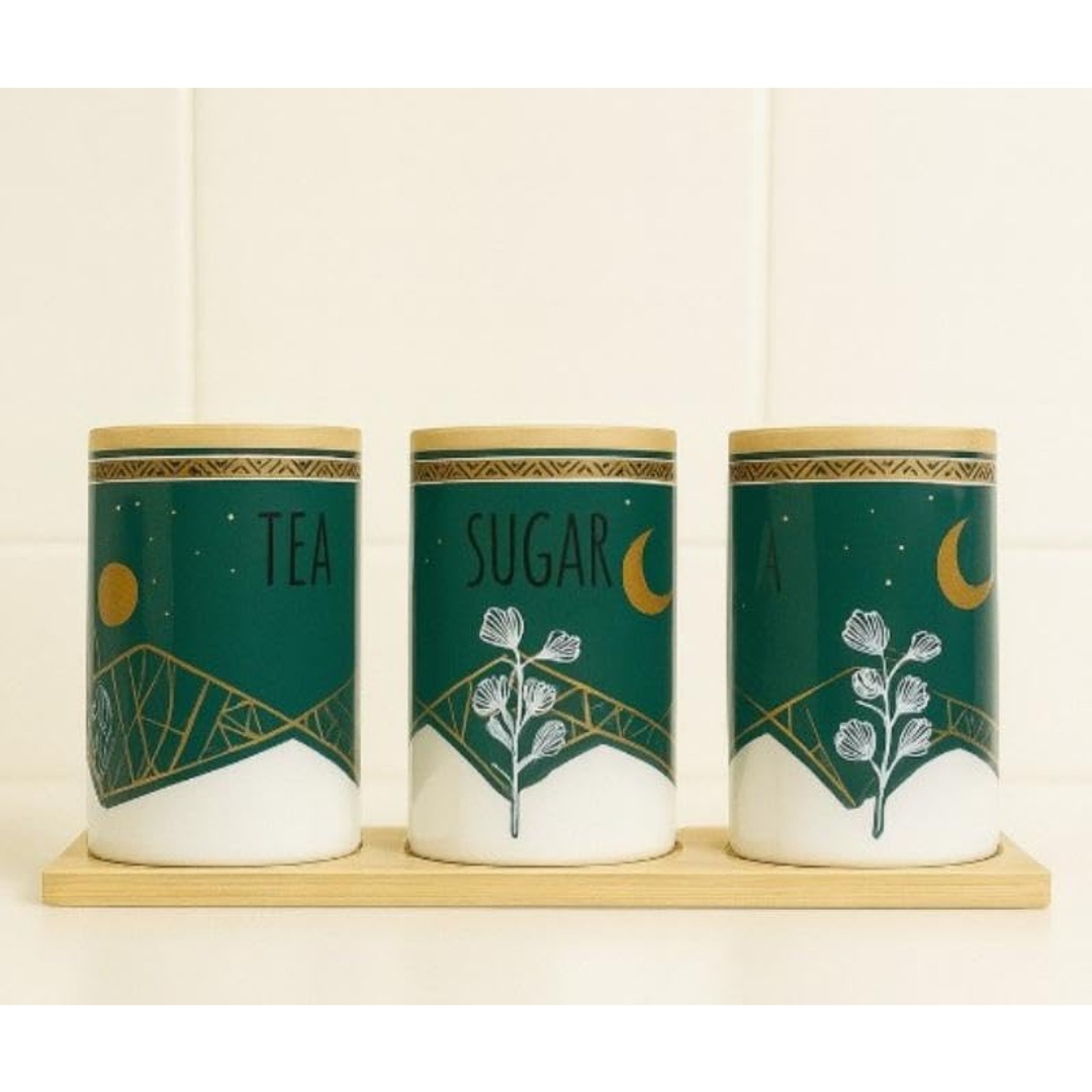 طقم برطمانات بورسلين للسكر والشاي - زيتي - 3 قطع