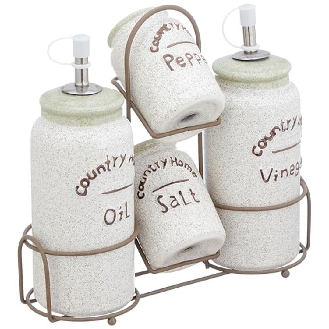 برطمانات بورسلين للخل والزيت مع شيكر ملح - ابيض - TT-1343