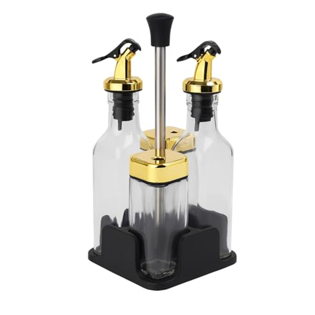 شيكر ملح وزجاجة زيت مع حامل أبيض لتنظيم المطبخ - 4 قطع وحامل - ذهبي
