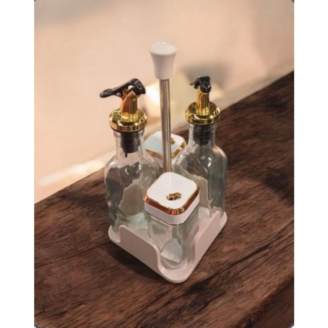 شيكر ملح وزجاجة زيت مع حامل أبيض لتنظيم المطبخ - 4 قطع وحامل