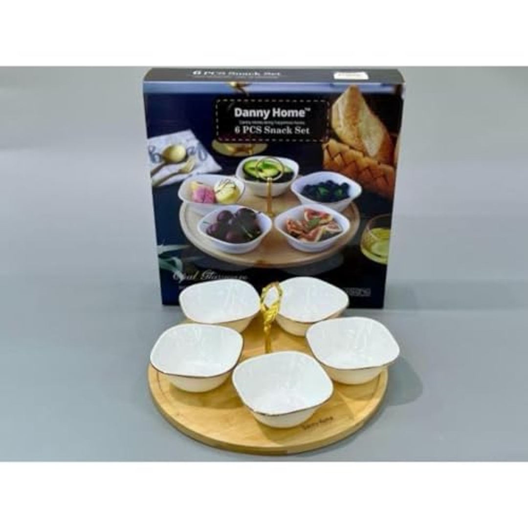 طقم تقديم مكسرات وسناكس بورسلين - 5 اطباق وحامل - FHKW47-6T