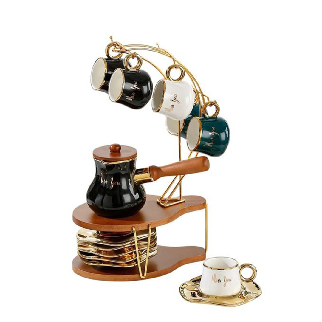 طقم قهوة و كنكة بورسلين بالحامل من الاندلس - 14 قطعة