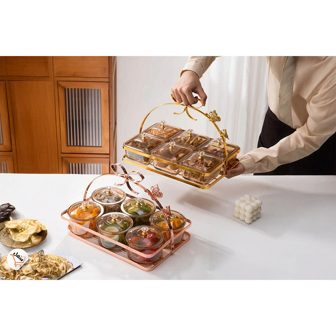 طقم تسالي مربع بحامل معدني شكل فيونكه - 7 قطعه