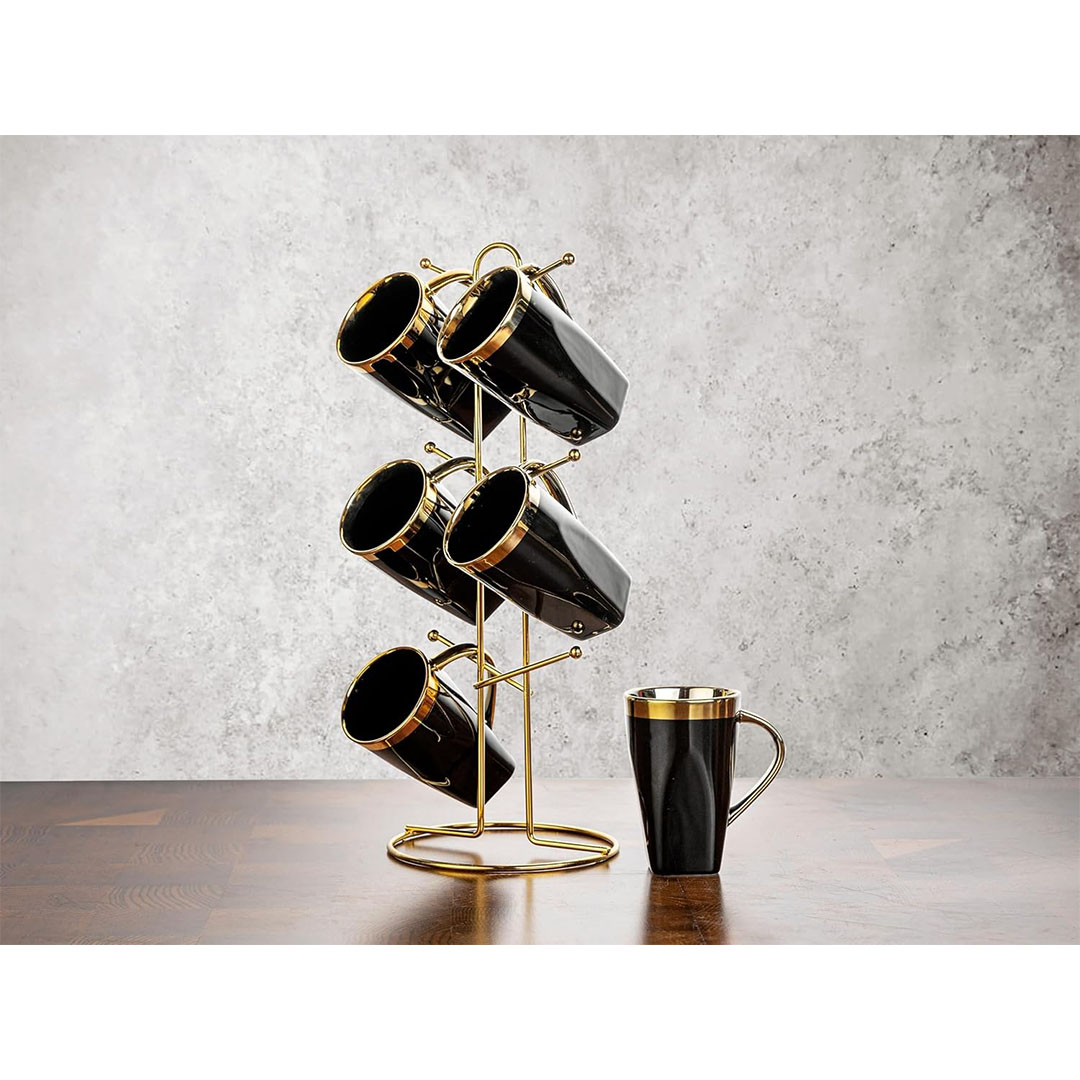 طقم مج شاي من لوتس بورسلين - 6 قطع - استاند مدهب - أسود