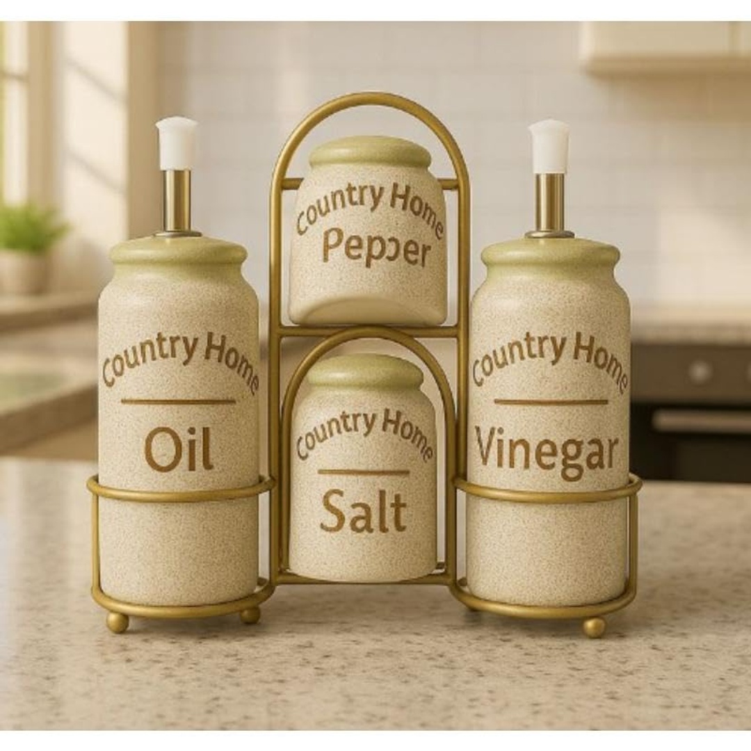 برطمانات بورسلين للخل والزيت مع شيكر ملح - ابيض - TT-1343