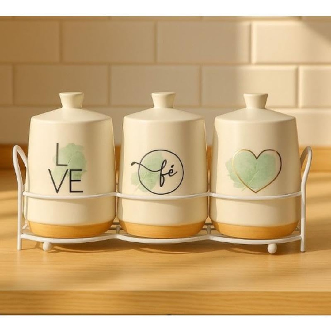 طقم برطمانات سكر وشاي بورسلين - أبيض/مينت جرين - 3 قطع