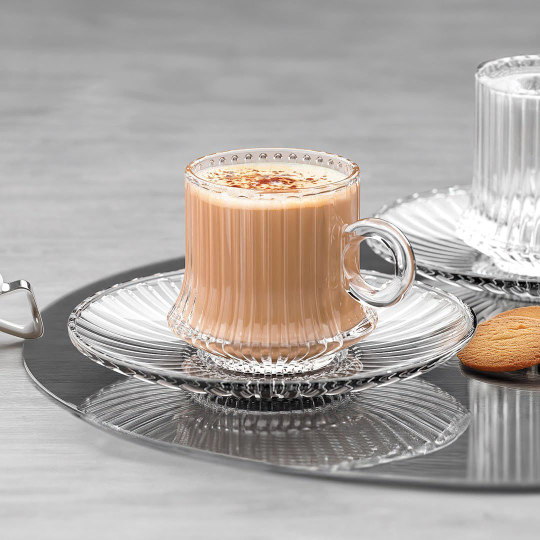 طقم قهوة روبوستا بالطبق - 6 أكواب + 6 أطباق - زجاج شفاف