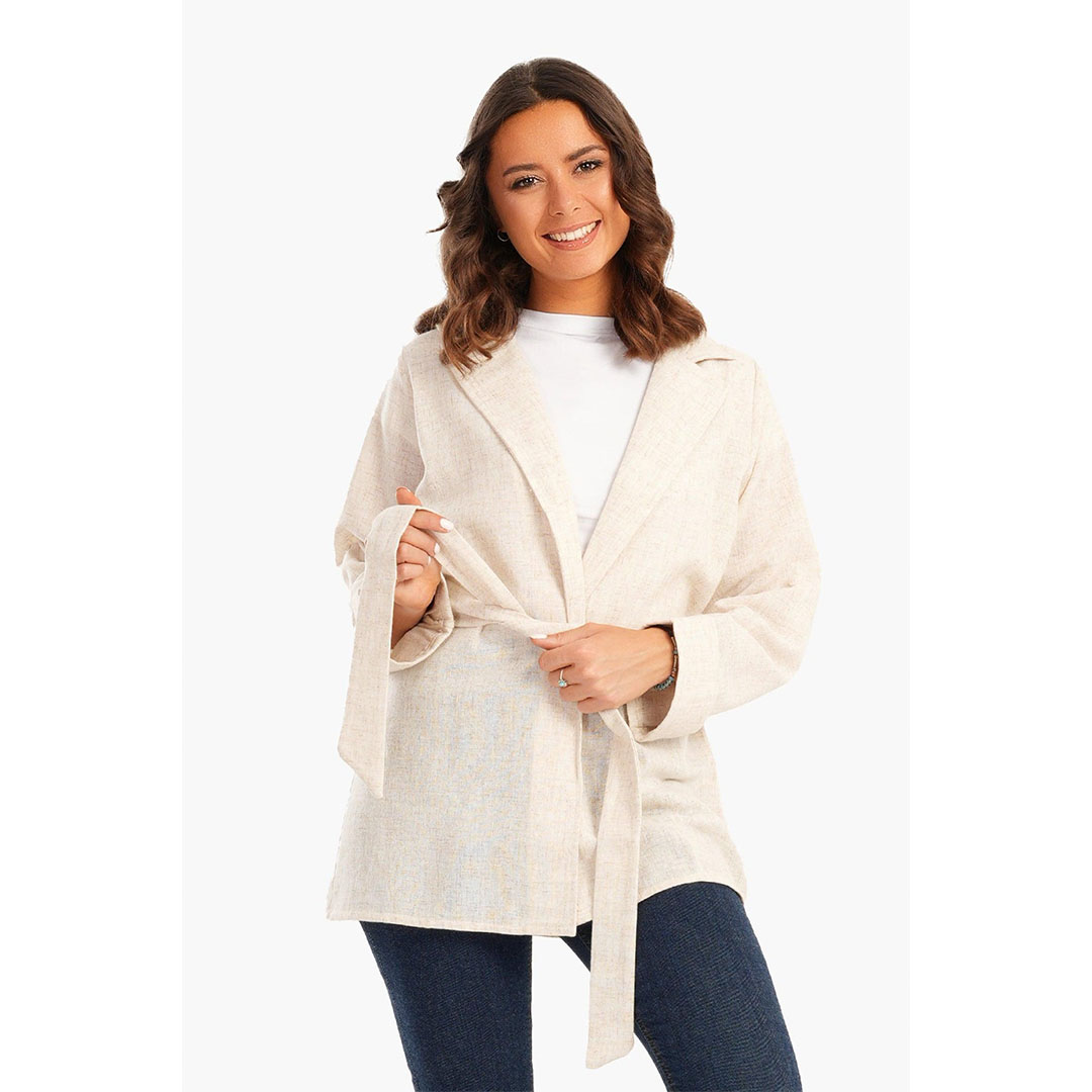 جاكت كتان برباط حريمي - بيج 17367