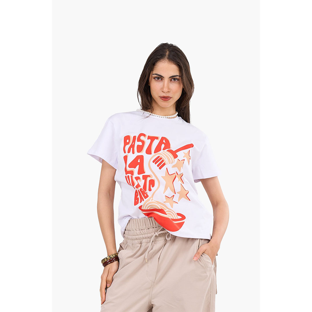 تي شيرت مطبوع بطابع المعكرونة حريمي - أبيض