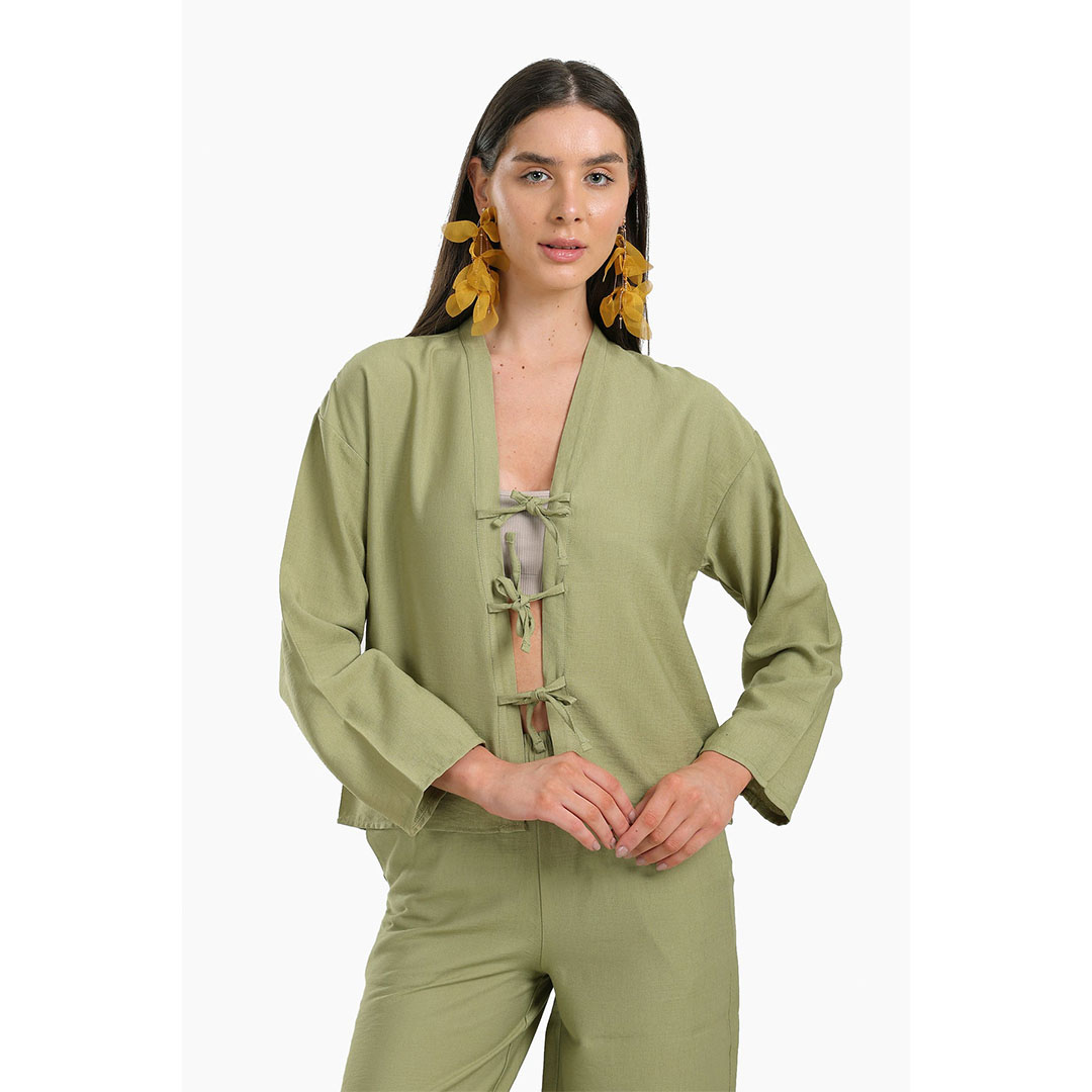 بلوزة برباط أمامي - زيتي 17890