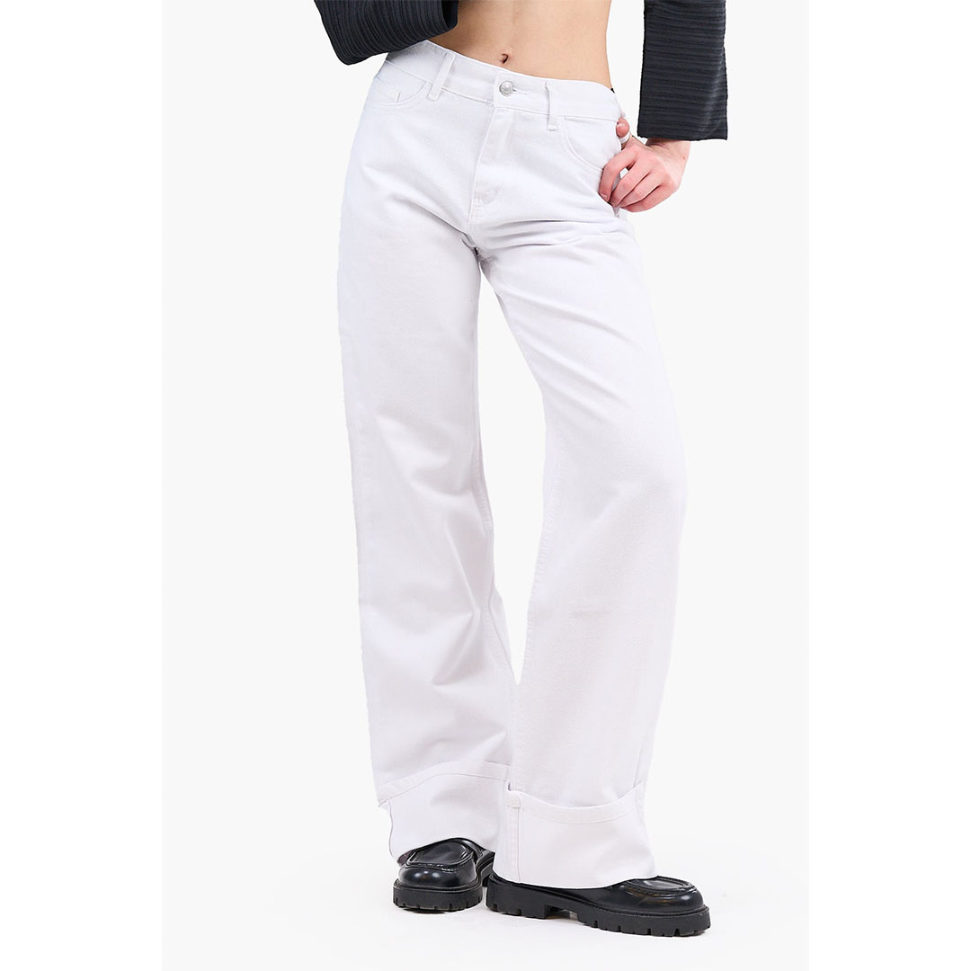 بنطلون جينز ذو حافة مطوية حريمي - أبيض