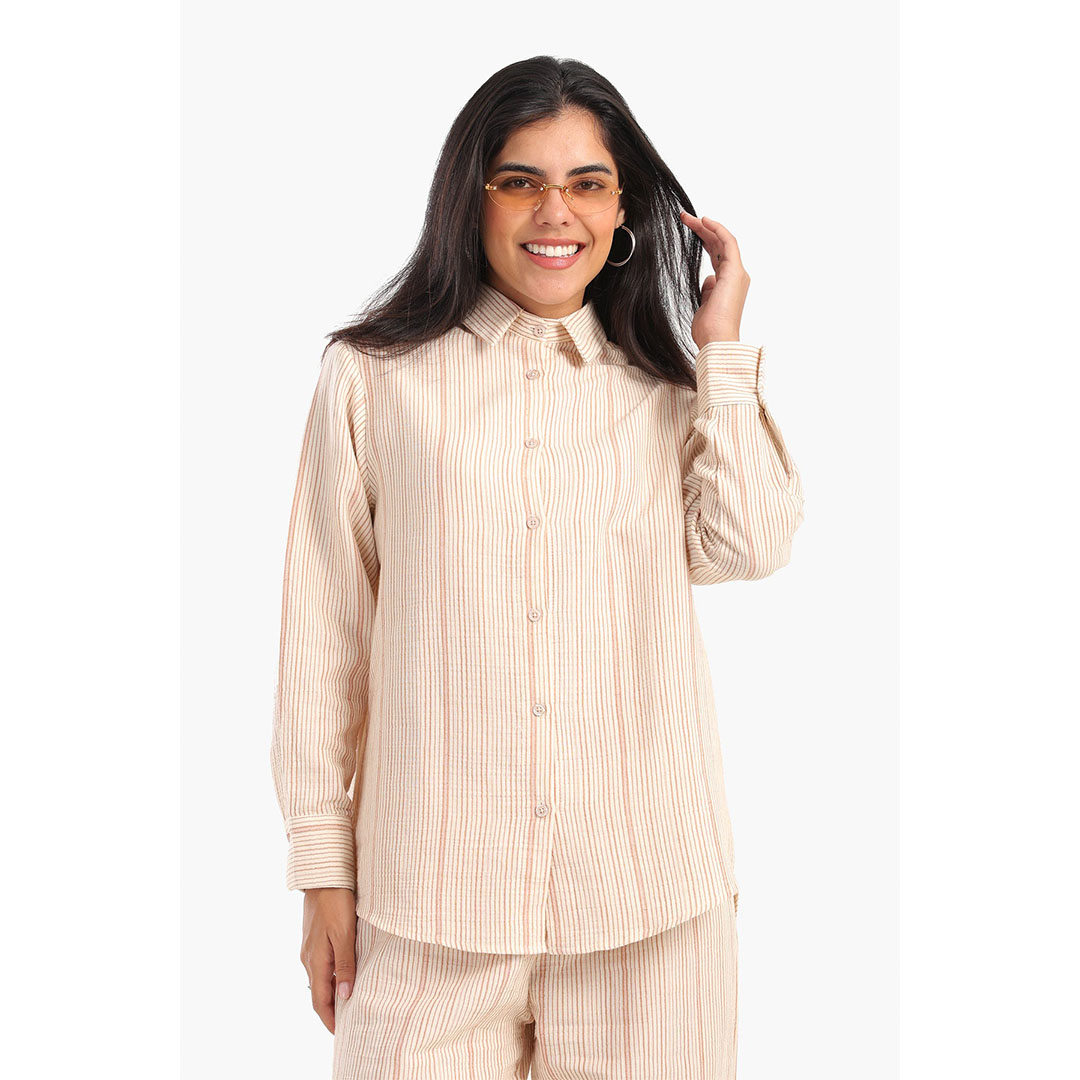 قميص كلاسيكي مخطط من مزيج القطن حريمي - بيج