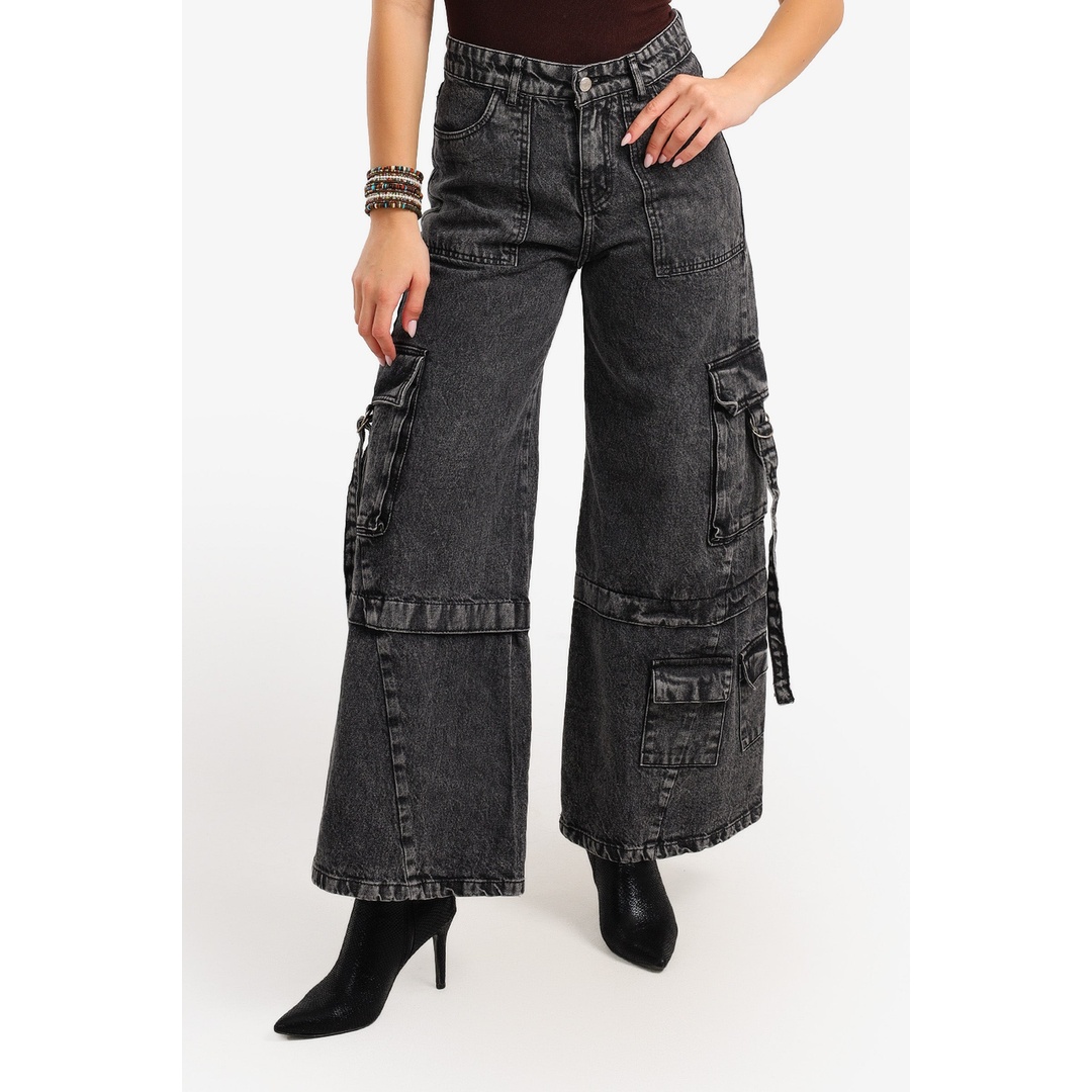 بنطلون جينز كارجو حريمي - رمادي - 17947