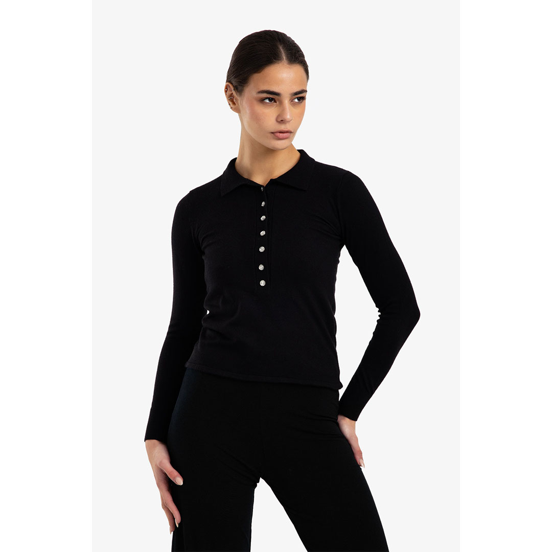 بلوفر صوف ضيق بأزرار حريمي - أسود - 18179