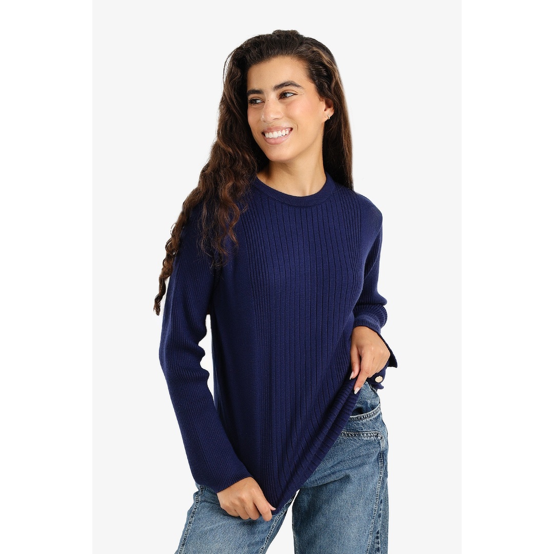 بلوفر صوف مضلع بأزرار جانبية - كحلي - 18215