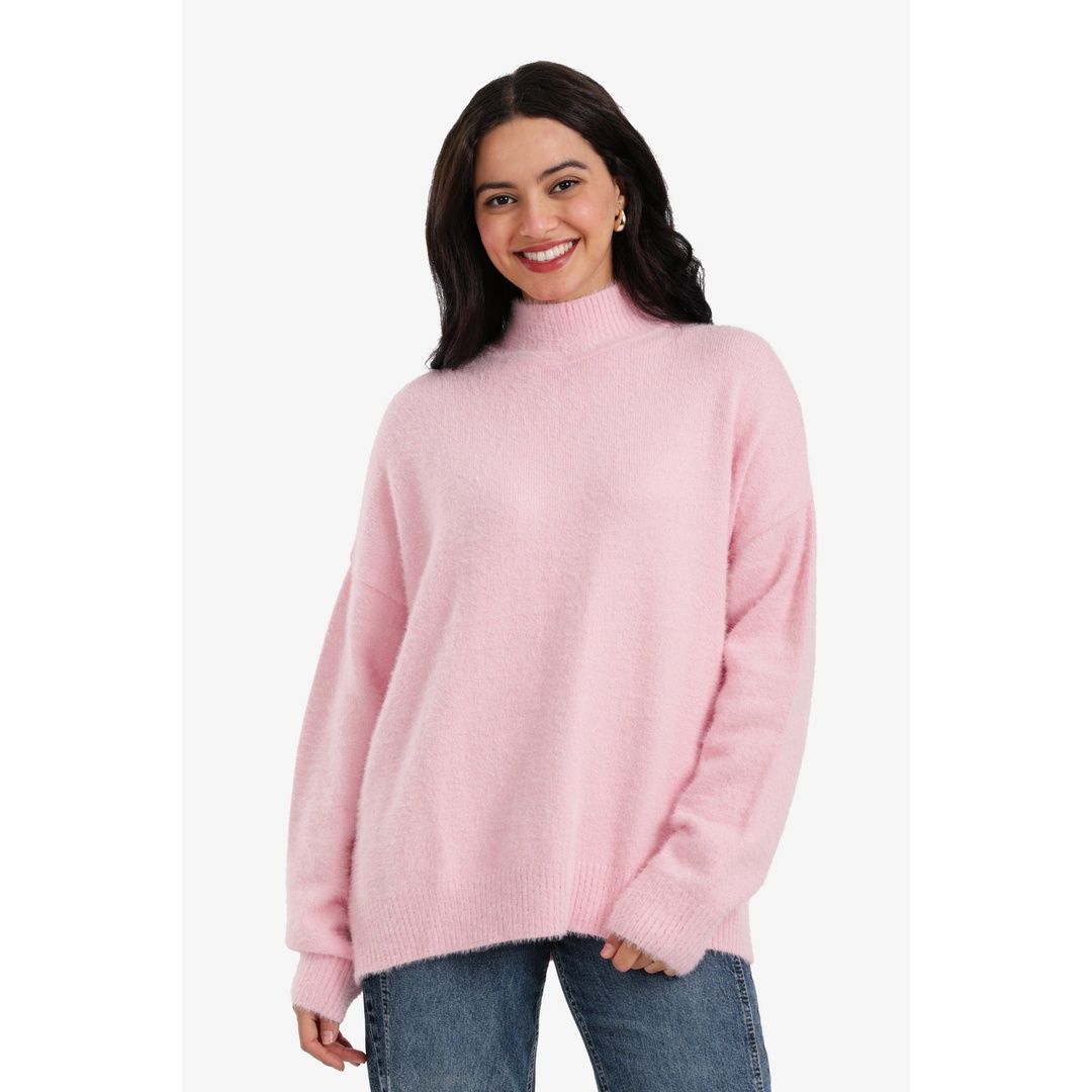 بلوفر صوف مريحة بياقة عالية - روز - 18221
